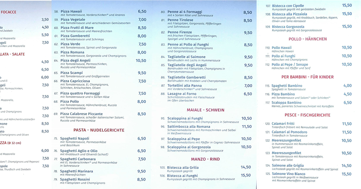Menü Trattoria Pasta degli Angeli
