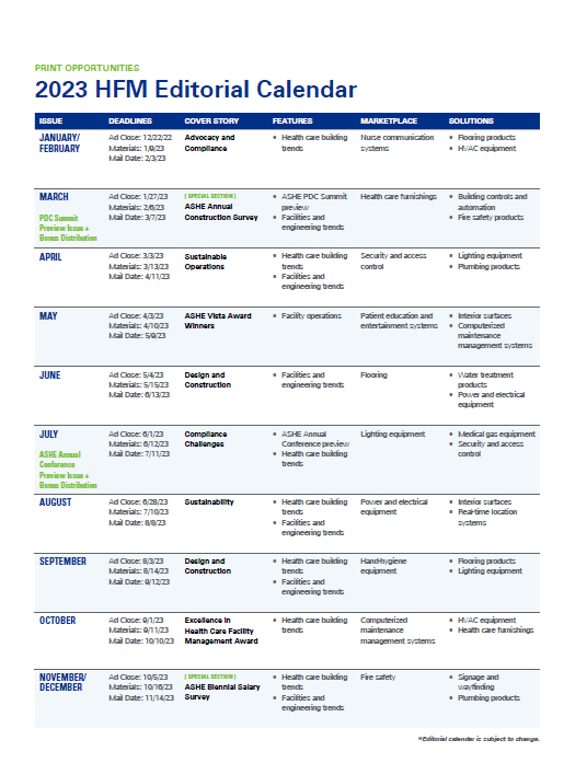 Editorial Calendar - HFM Magazine | Reach Health Care Facility ...