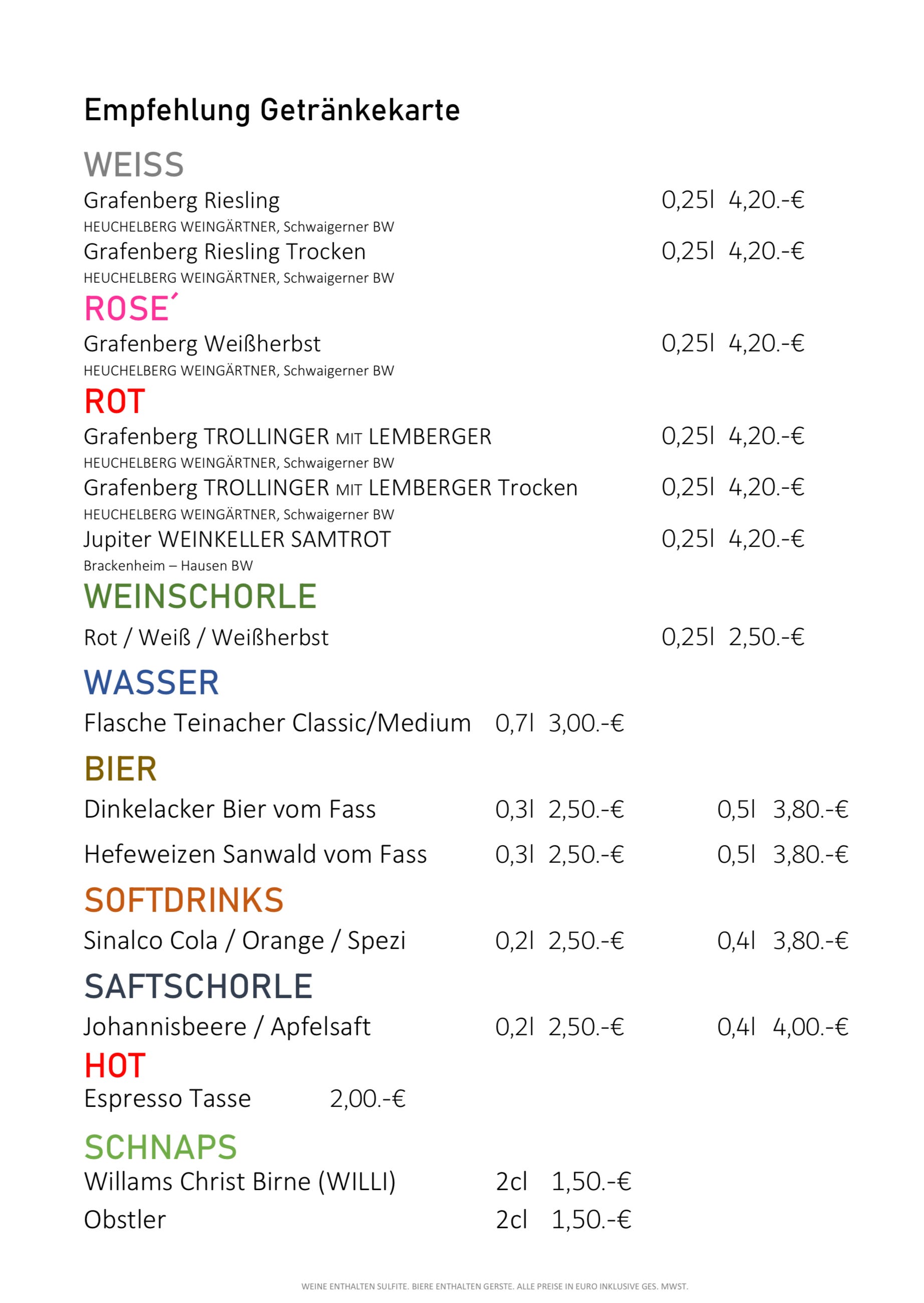 Speisekarte | Gasthof Linde Pfalzgrafenweiler