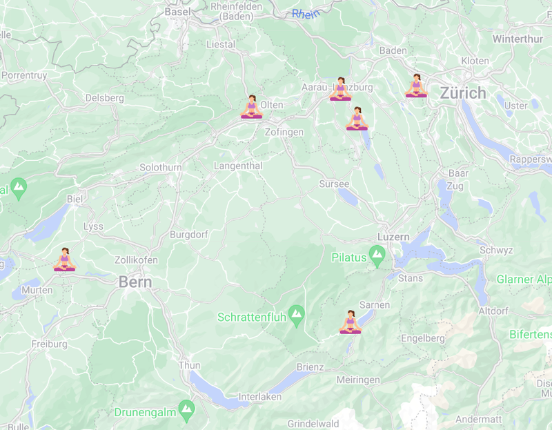 Karte mit unseren Standorten; Fräschels. Bern, Bergdietikon, Aargau, Zürich, Olten, Hägendorf, Basel, Giswil, Luzern und Aarau Hunzenschwil