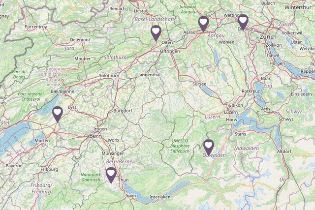 Karte mit unseren Standorten; Fräschels. Bern, Bergdietikon, Aargau, Zürich, Olten, Hägendorf, Basel, Giswil, Luzern und Aarau Hunzenschwil