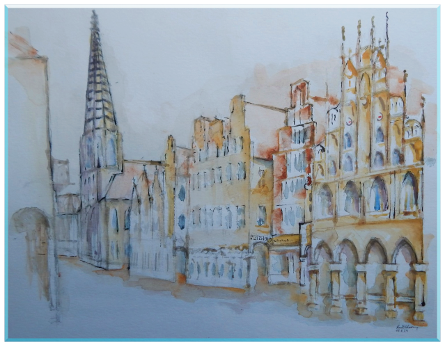 Aquarell eines Gebäudes, geeignet für Weihnachtsmärkte